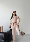Bej Şerit Detaylı Crop Takım