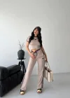 Bej Şerit Detaylı Crop Takım