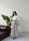 Beyaz-Açık Bej Oversize Tişörtlü Etek Takım