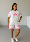 Beyaz ADD Fuşya Çizgili Oversize Unisex Şortlu Takım