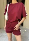 Bordo Şeritli Şort Etekli Modal Takım