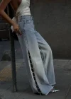 Buz Mavisi Zincir Detay Wide Leg Jean Pantolon