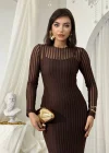 Çikolata Kahvesi Transparan Dokulu Uzun Elbise