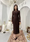 Çikolata Kahvesi Transparan Dokulu Uzun Elbise