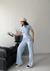 Bebe Mavisi Şerit Detaylı Crop Takım