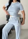 Bebe Mavisi Şerit Detaylı Crop Takım
