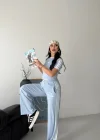 Bebe Mavisi Şerit Detaylı Crop Takım
