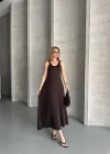 Kahve Askılı Akışkan Elbise
