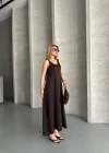 Kahve Askılı Akışkan Elbise