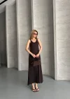 Kahve Askılı Akışkan Elbise