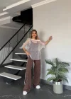 Kahve File Detaylı Taş İşlemeli 3lü Takım
