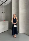 Lacivert Askılı Akışkan Elbise