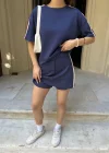 Lacivert Şeritli Şort Etekli Modal Takım