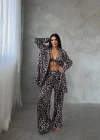Leopar Uzun Saten Üçlü Pijama Takım