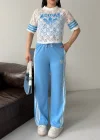 Mavi Dantel Detaylı Oversize Takım