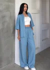 Mavi Tensel Gömlek ve Bol Paça Pantolon İkili Takım