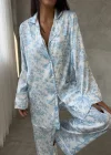 Mavi Uzun Saten Üçlü Pijama Takım
