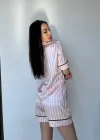 Pembe Çizgili Saten Şortlu Pijama Takımı