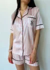 Pembe Çizgili Saten Şortlu Pijama Takımı