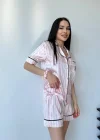 Pembe Çizgili Saten Şortlu Pijama Takımı