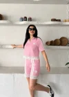 Pudra Dantel Detaylı Çizgili Şort Takım