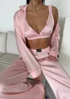 Saten Yeni Pijama Takımı Üçlü Set- Pudra | Cozy