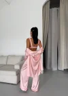 Saten Yeni Pijama Takımı Üçlü Set- Pudra | Cozy