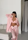 Saten Yeni Pijama Takımı Üçlü Set- Pudra | Cozy