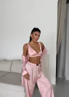 Saten Yeni Pijama Takımı Üçlü Set- Pudra | Cozy