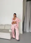 Saten Yeni Pijama Takımı Üçlü Set- Pudra | Cozy