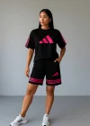 Siyah ADD Fuşya Çizgili Oversize Unisex Şortlu Takım