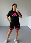 Siyah ADD Fuşya Çizgili Oversize Unisex Şortlu Takım