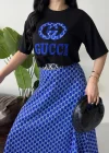 Siyah-Mavi Oversize Tişörtlü Etek Takım