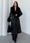 Siyah Uzun Kemerli Kürklü Kaban Premium