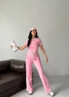 Fuşya Pembe Şerit Detaylı Crop Takım