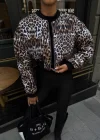 Yarım Leoparlı Crop Tarz Fermuarlı Ceket