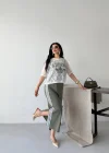 Yeşil Dantel Detaylı Baskılı Elbise