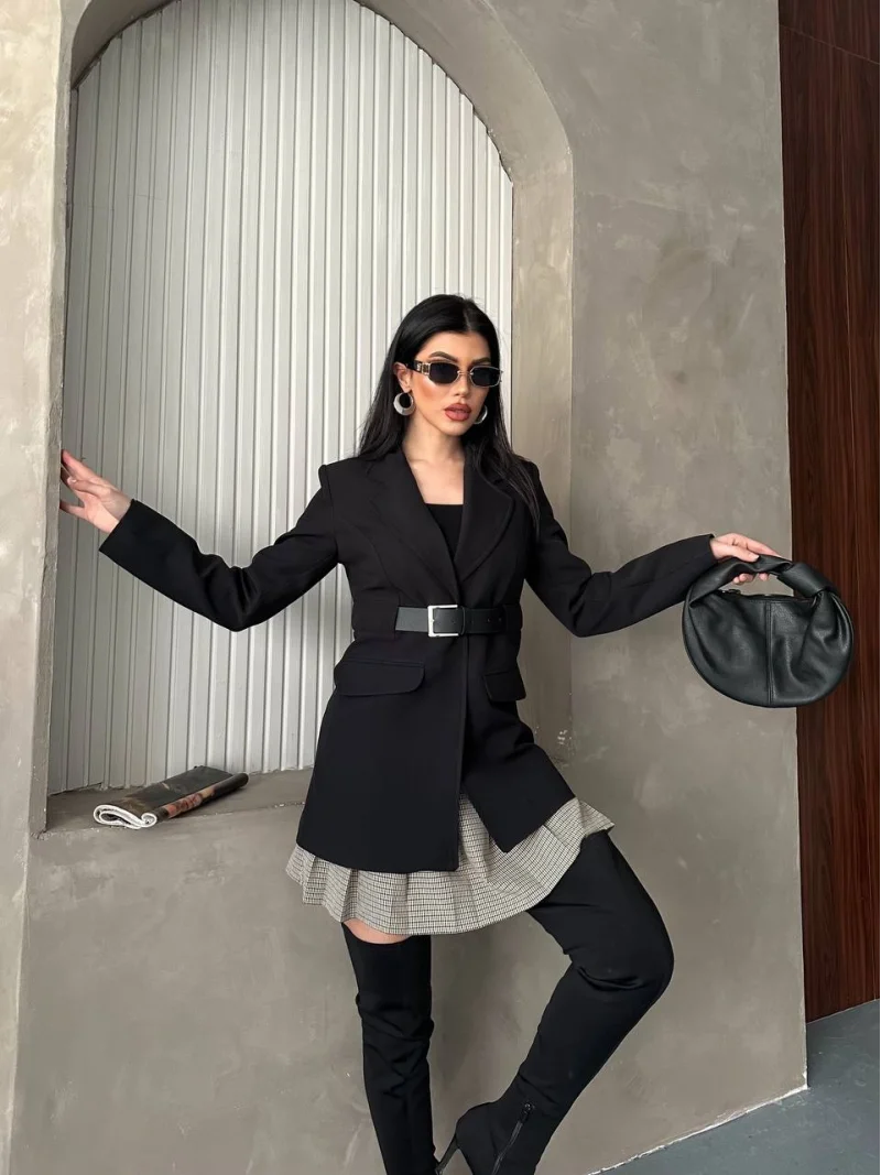 Siyah Belden Kemerli Blazer Ceket Elbise | Premium Seri