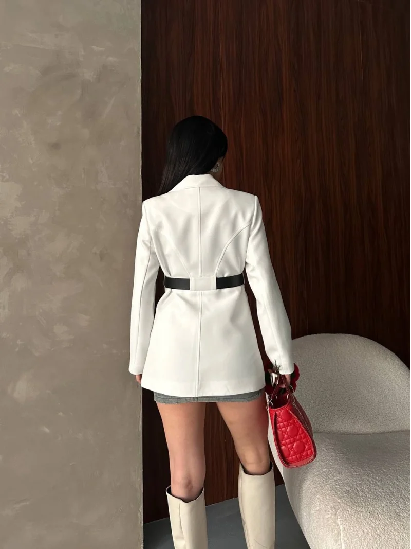 Beyaz Belden Kemerli Blazer Ceket Elbise | Premium Seri