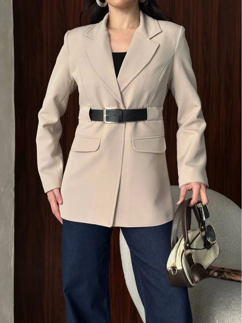 Krem Belden Kemerli Blazer Ceket Elbise | Premium Seri