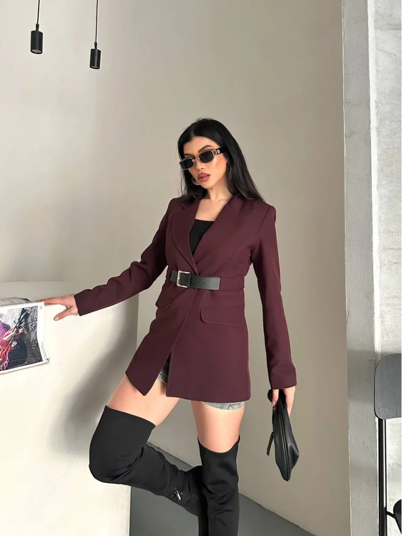 Taba Belden Kemerli Blazer Ceket Elbise | Premium Seri