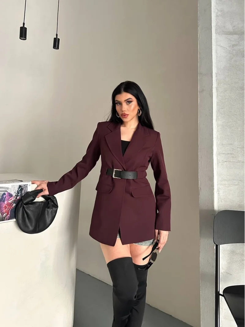 Taba Belden Kemerli Blazer Ceket Elbise | Premium Seri