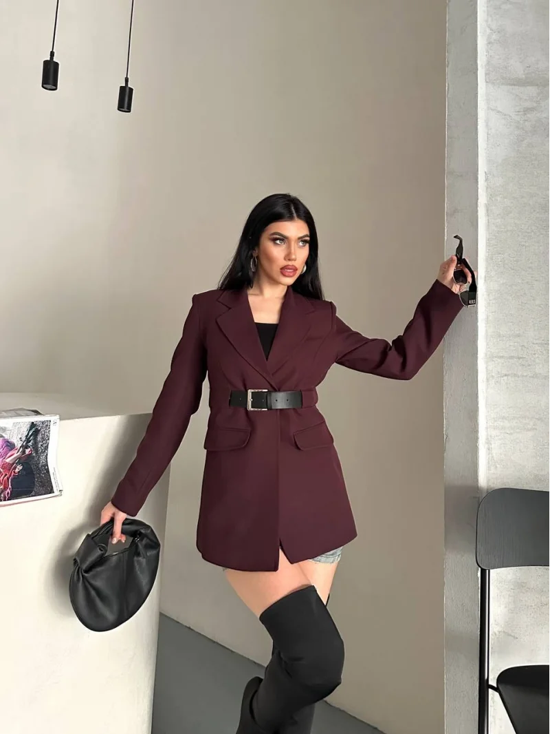 Taba Belden Kemerli Blazer Ceket Elbise | Premium Seri