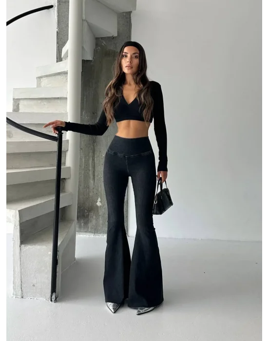 Antrasit Yüksek Bel Likralı İspanyol Paça Kot Tayt