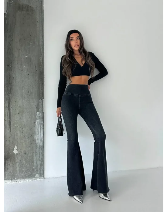 Antrasit Yüksek Bel Likralı İspanyol Paça Kot Tayt