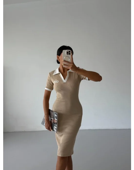 Bej Alo Polo Yaka Likralı Kaşkorse Elbise