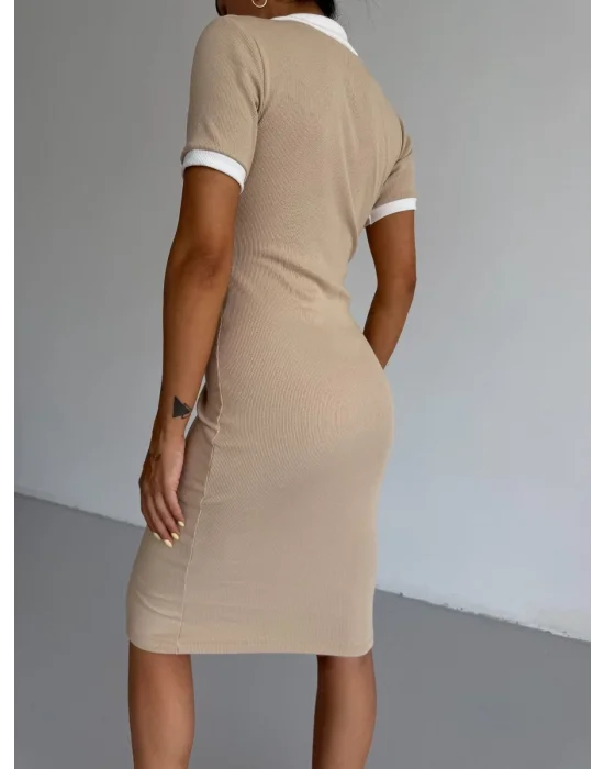 Bej Alo Polo Yaka Likralı Kaşkorse Elbise