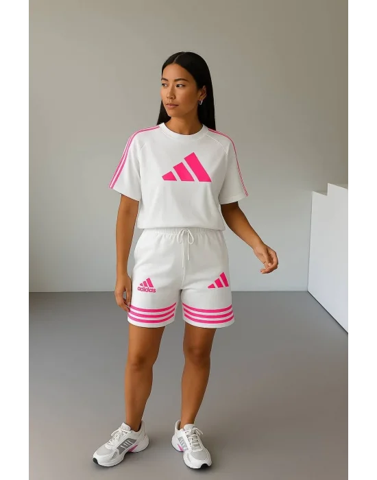 Beyaz ADD Fuşya Çizgili Oversize Unisex Şortlu Takım