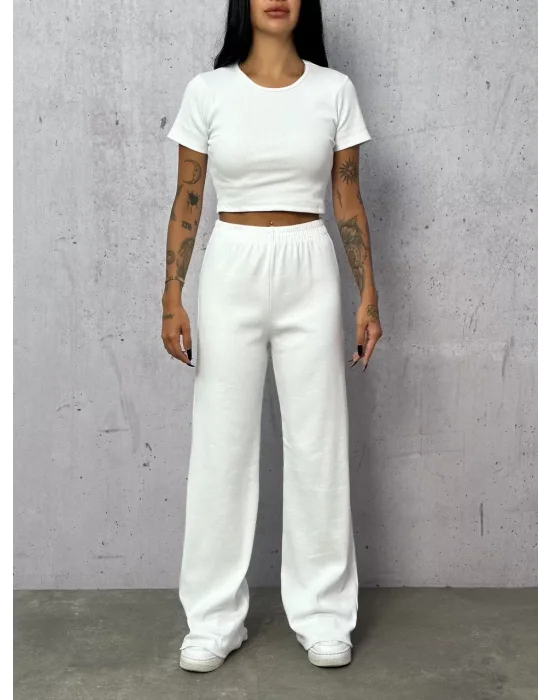 Beyaz Palazzo Crop İkili Takım