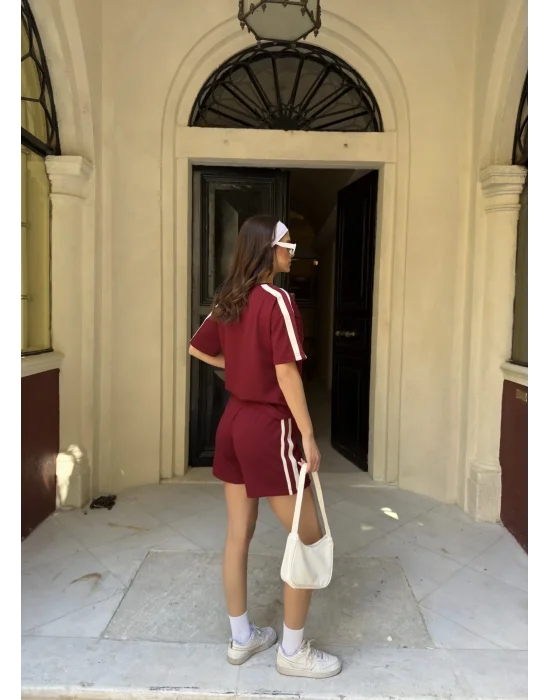 Bordo Şeritli Şort Etekli Modal Takım